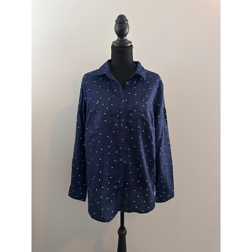 St Johns Bay Womens Navy Blue Polka Dot Cotton Button Down Shirt Large L